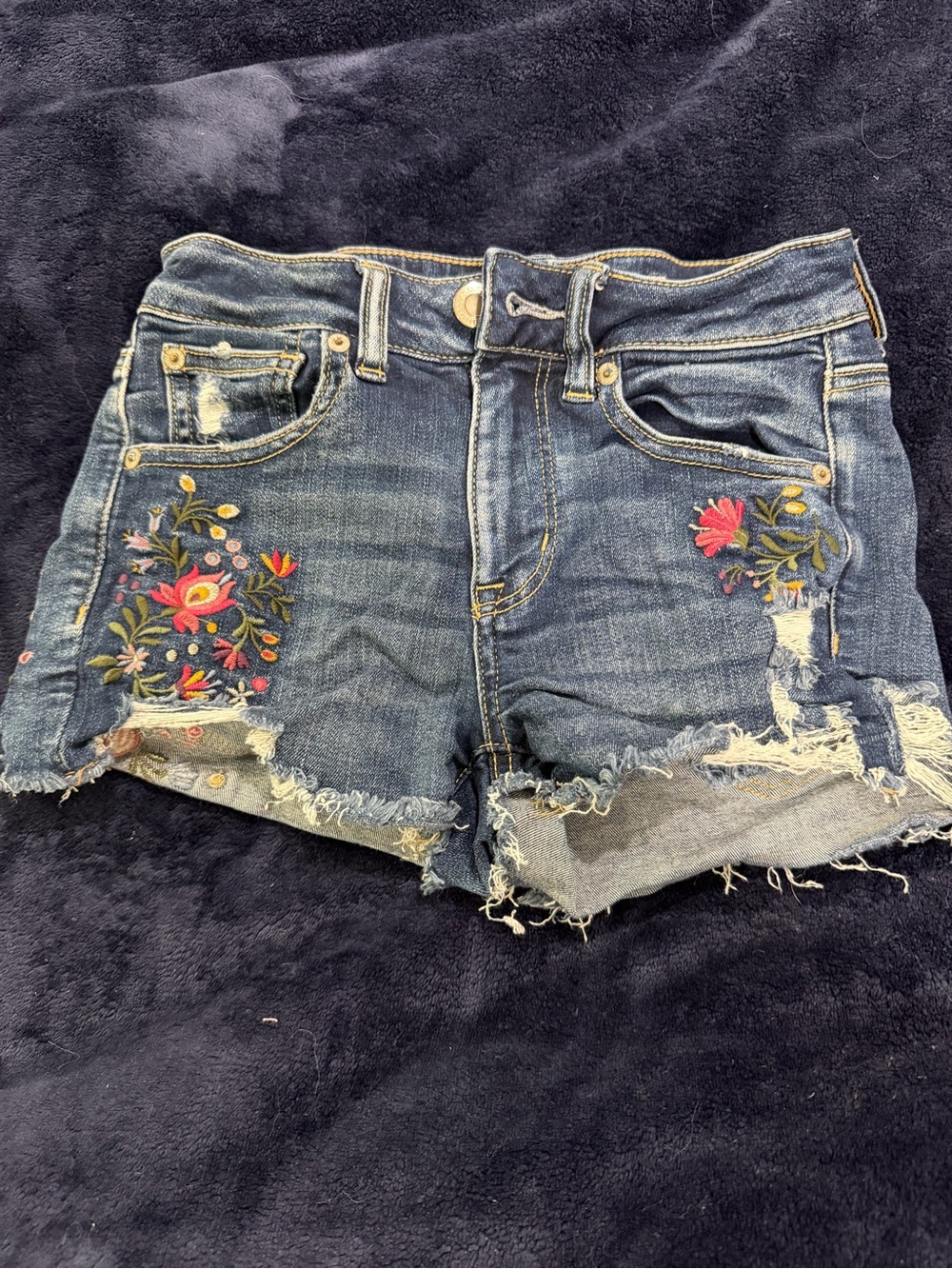 Denim Embroidered Floral Cutoff Shorts - Blue
